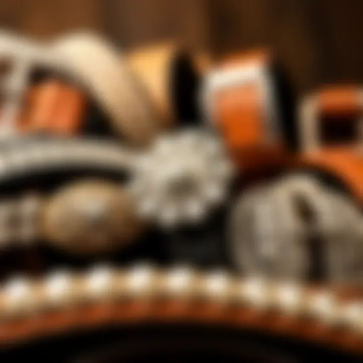 An artistic display of assorted rhinestone cowboy belts reflecting different styles