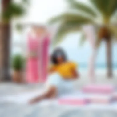 Stylish beach setup featuring pastel dresses on display