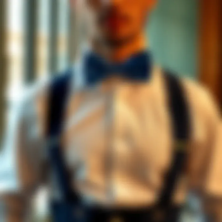 Casual outfit featuring royal blue bow ties and suspenders