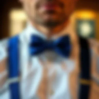 Fashionable combination of royal blue bow tie and suspenders with formal attire