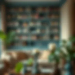 A beautifully arranged bookshelf showcasing decorative literature in a cozy living room setting