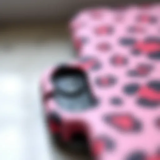Close-up of a pink cheetah print phone case showcasing texture and design