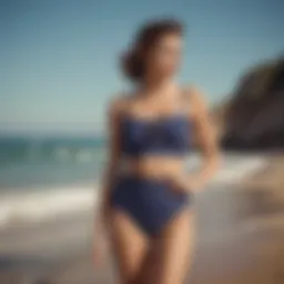 An elegant retro high waisted swimsuit displayed on a vintage beach backdrop