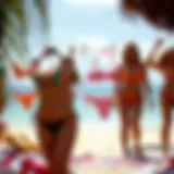 A vibrant collection of thong bikinis displayed on a beach setting