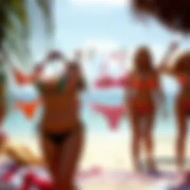 A vibrant collection of thong bikinis displayed on a beach setting