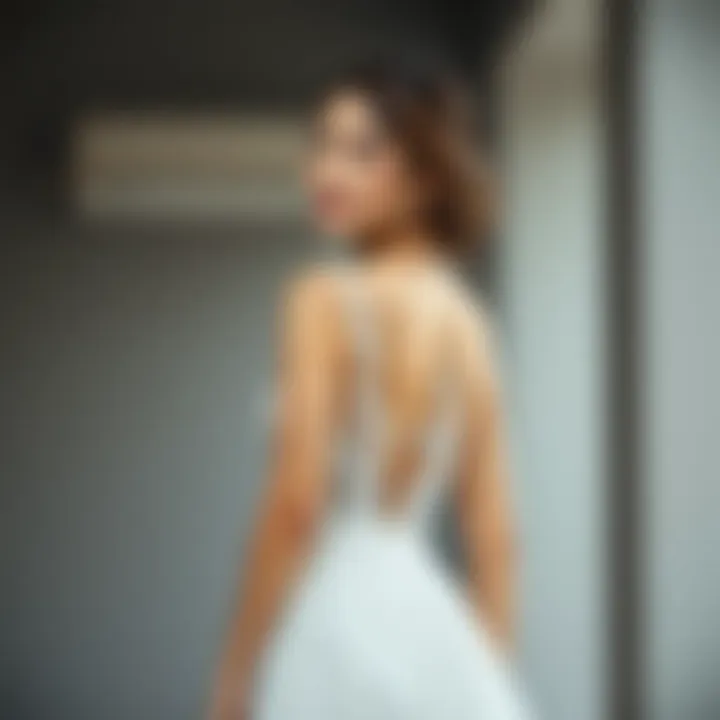 Modern Bridal Elegance A modern bride elegantly wearing a lace illusion back chiffon wedding dress.