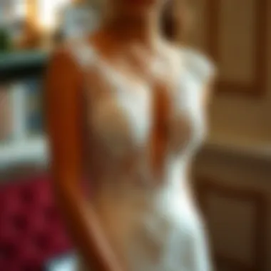 Fashionable bridal styling with deep V lace dress