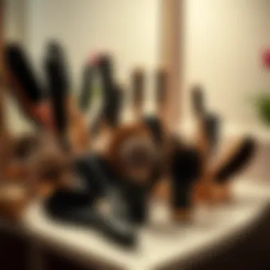 A variety of teasing hair brushes arranged artistically on a vanity
