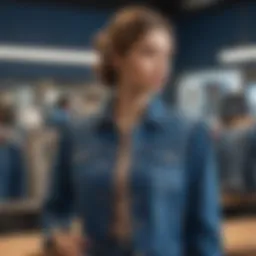 A stylish blue jean jacket with puff shoulders displayed on a mannequin