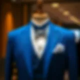 Elegant blue suit with a vest and bow tie displayed on a mannequin