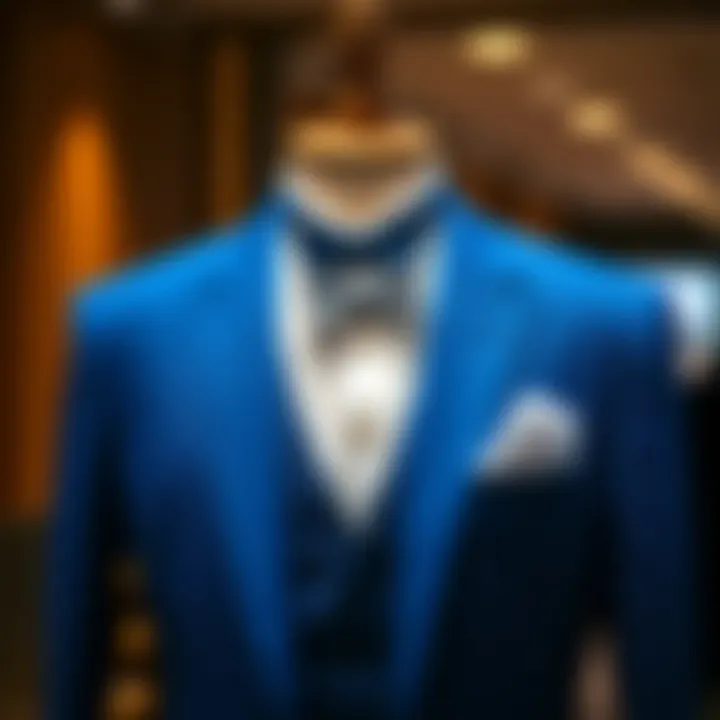 Elegant blue suit with a vest and bow tie displayed on a mannequin