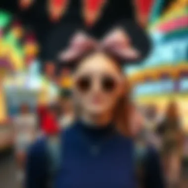 Fashion Statement: Mickey Ears in Pop Culture A fashionable individual wearing Disney Mickey ears in a vibrant theme park setting