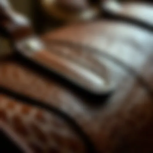 A close-up view of a luxurious leather purse showcasing intricate stitching and texture