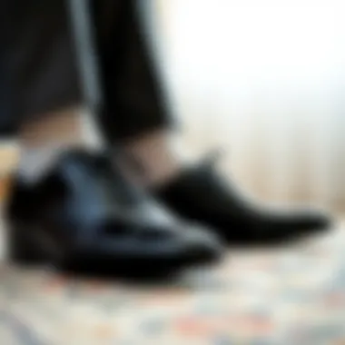 Close-up of elegant wedding socks paired with formal shoes