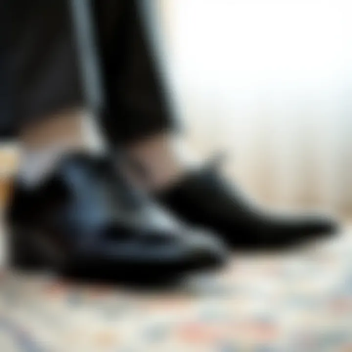 Close-up of elegant wedding socks paired with formal shoes