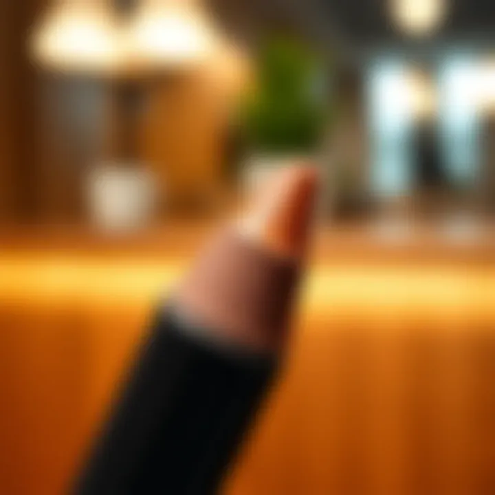 Close-up of a brown lip liner pencil against a chic background