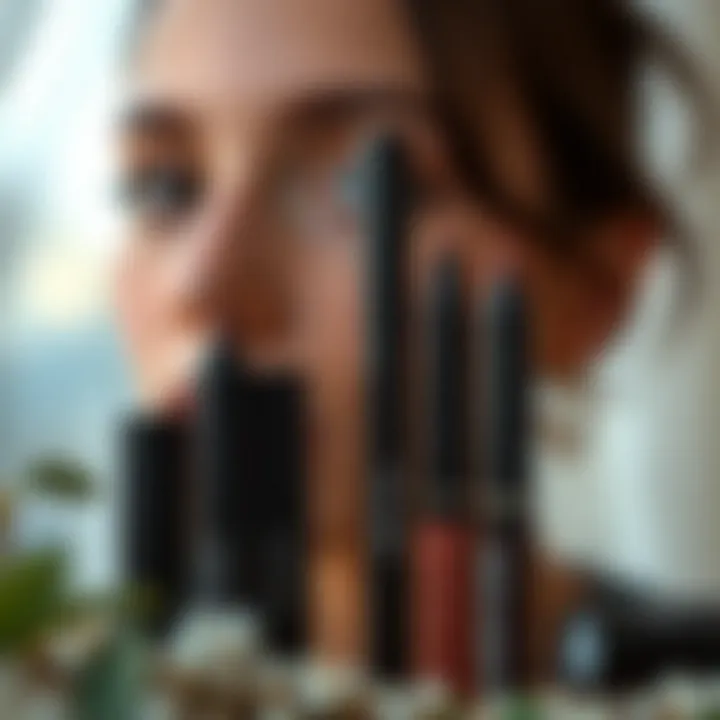 Sustainable brown lip liner products showcased in a natural setting