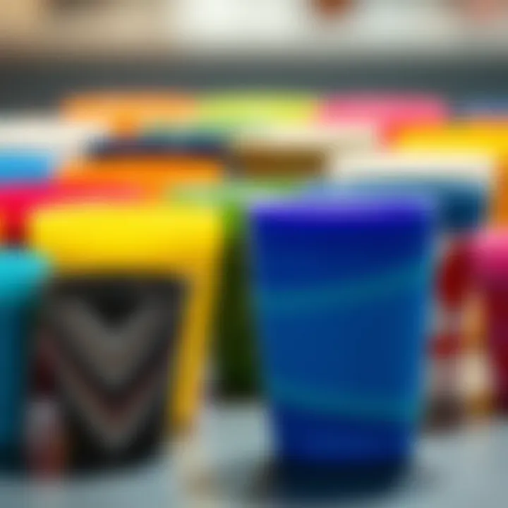 Colorful silicone cup sleeves showcasing various designs