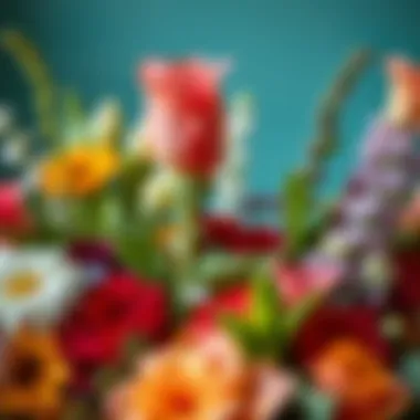 Close-up view of vibrant floral arrangements with adhesive floral tape