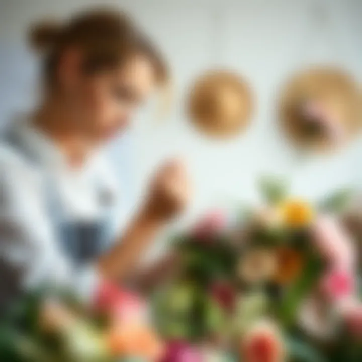 Floral designer applying adhesive tape to a bouquet arrangement