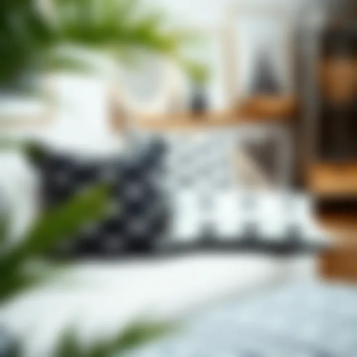 Sustainable Fabric Selections Sustainable fabric choices for black and white cushion covers displayed