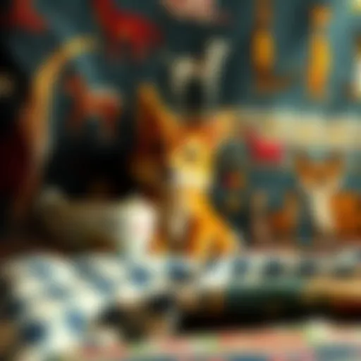 A whimsical tapestry featuring playful animals engaged in humorous activities.