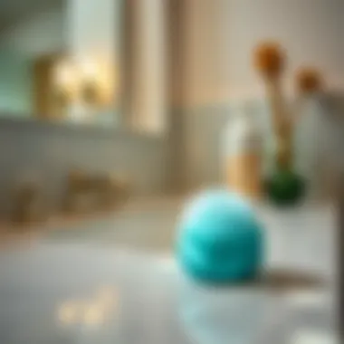 Close-up of a silicone scalp scrubber on a bathroom counter