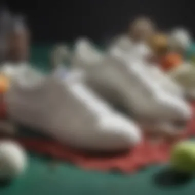 Material composition of soft sole tennis shoes displayed artistically