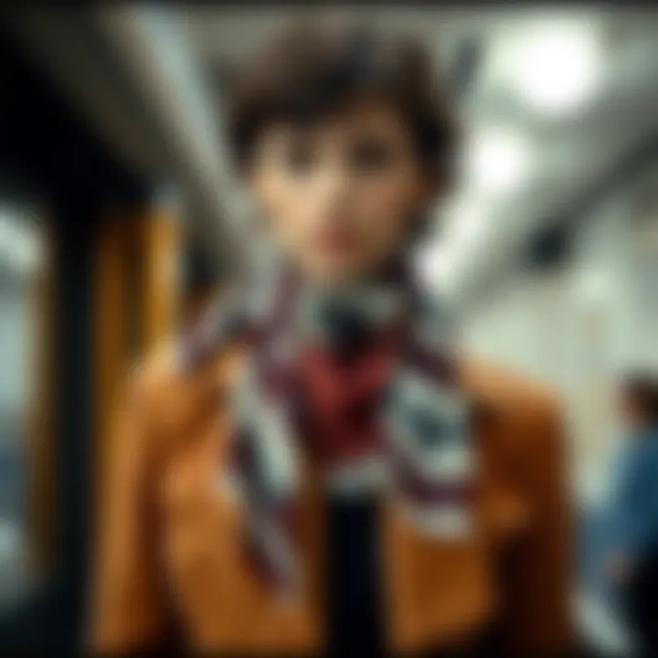 Contemporary styling of a 70s scarf in a fashion ensemble