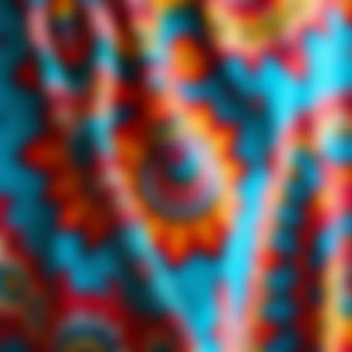 Close-up of vibrant fabric patterns on a caftan dress