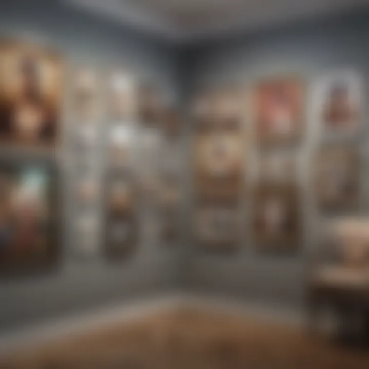 An elegant gallery wall featuring assorted art styles