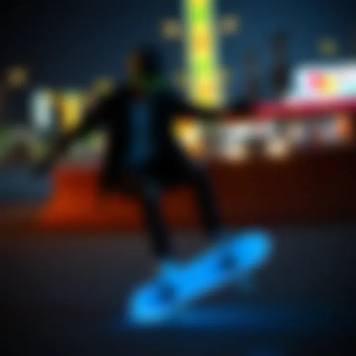 Trendy Skateboarding with Glow Elements Trendy skateboarder riding a skateboard with glowing features