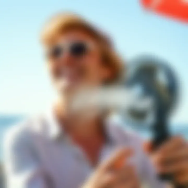 User enjoying cool breeze from a handheld fan