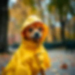 A stylish yellow dog raincoat with a hood displayed in a park setting