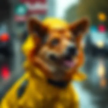 Dog Enjoying Rainy Weather in Yellow Raincoat A happy dog wearing a fashionable yellow raincoat with a hood during a rainy day