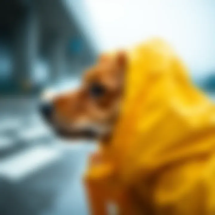 Detailed Fabric Texture of Yellow Raincoat Close-up of the fabric texture and waterproof features of a yellow dog raincoat