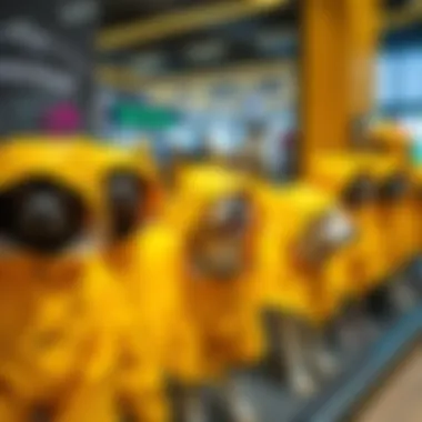 Showcasing a Range of Yellow Dog Raincoats A collection of yellow dog raincoats with hoods showcased on a modern display